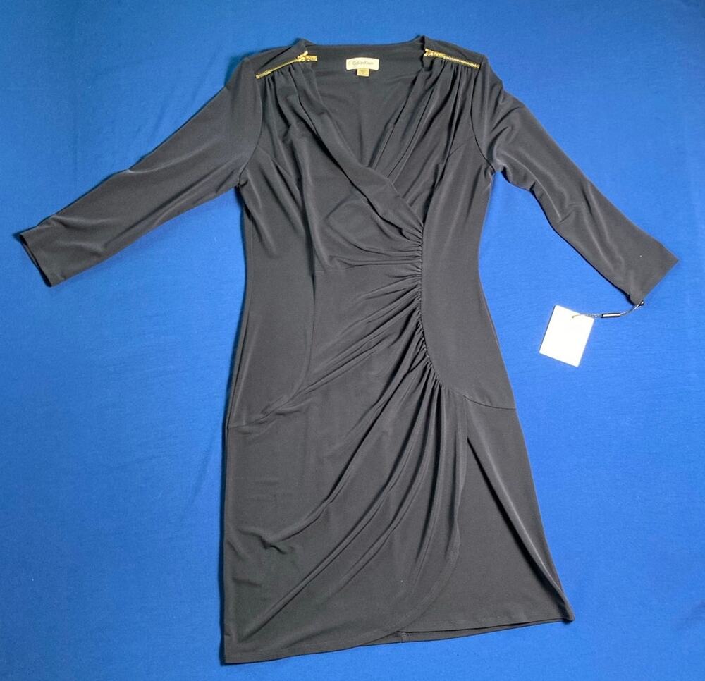 Calvin Klein Blue Shoulder Dress Women's Faux Wrap Zipper Size 4 New With Tag
